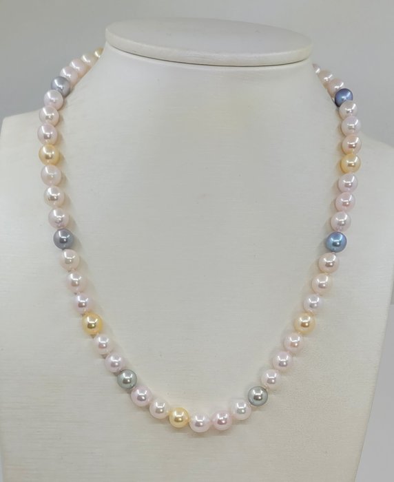 Halskette 7x7,5mm Multi-Akoya- und goldene Perlen 
