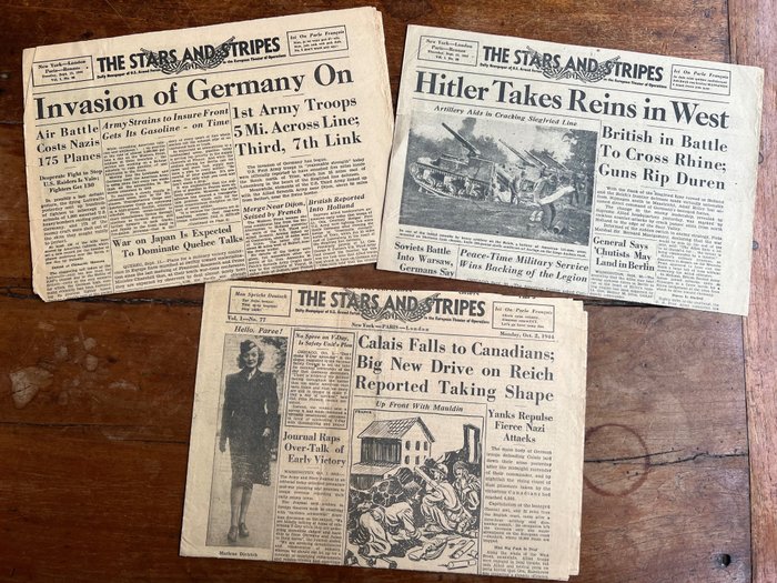 3x US Army WW2 Stars & Stripes Invasion Germany newspapers - 101st/82nd Airborne - Rhine - Heavy Combat - Funny Cartoons - Front News -  12 september,  21 september, 2 October - 1944