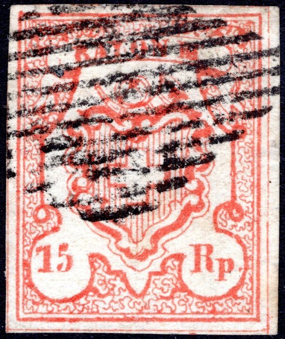 Svizzera 1852 - Poste federali, Croce bianca a cifre piccole - 15r. rosso mattone, usato con ottimi margini - ottima - Sass. n° 22