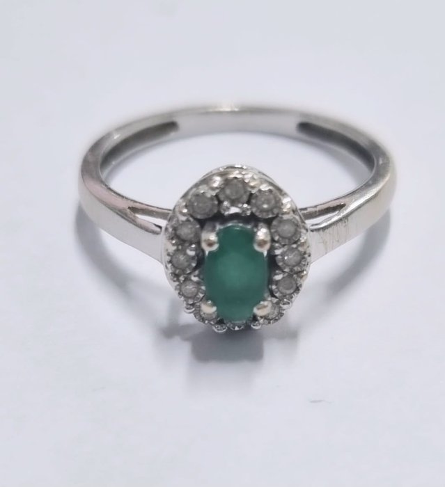 Ring - 18 kraat Hvidguld Smaragd - Diamant