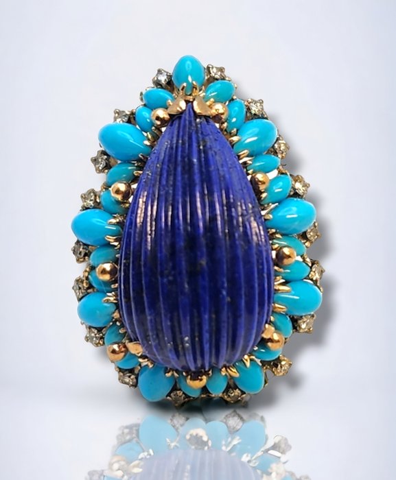 Ring - Vintage 14k gull Lapis Lazuli diamantring 1950-tallet Lapis lazuli 