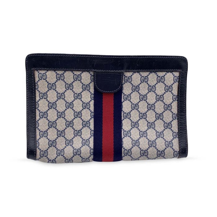 Gucci - Vintage Blue Monogram Canvas Cosmetic Bag Clutch Stripes - Håndtaske