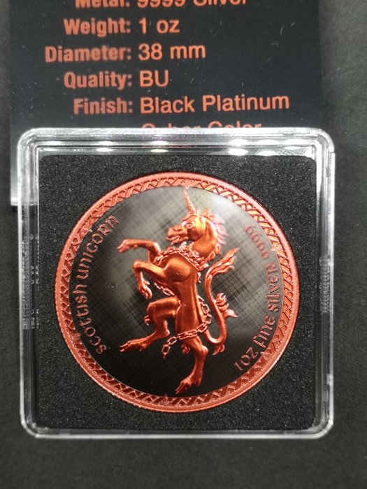 Νιούε. 2 Dollars 2023 Scottish Unicorn Cyber Red Black Platinum Coin - 1 Oz (.999)