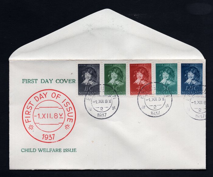 Niederlande 1937 - Kinderbriefmarken auf Sluis-Umschlag – Kostenloser Versand weltweit - NVPH S8 met 300 t/m 304