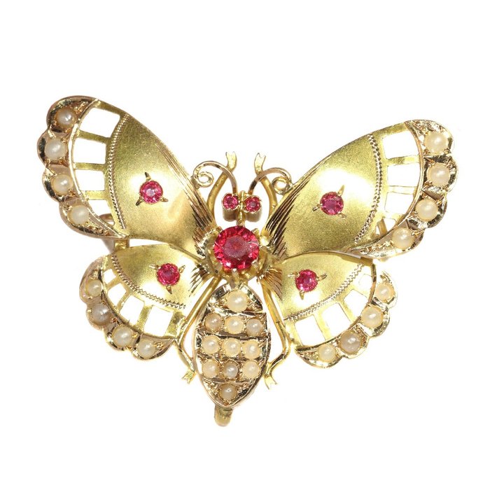 沒有保留價 - Late-Victorian anno 1900, Butterlfy, Red Strass 胸針 - 黃金 - 珍珠 