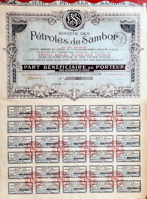 Anleihen- oder Aktiensammlung - Polen - Sambor Oil Company 1921 - Alle 30/30 Coupons