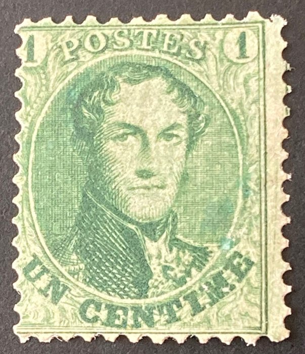 比利时 1863 - 锯齿状徽章 1c 黄绿色 - 锯齿 12.5 - OBP/COB 13 - zeldzame tanding