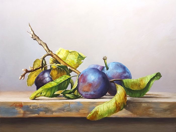 Lenard Kocsis - Still Life With ripe Plums on a Wuden Table
