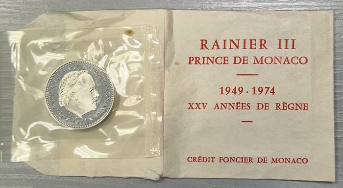 Mónaco. 5 Francs 1974 Rainier III. Piéfort en argent, dans son étui plastique d'origine scellé