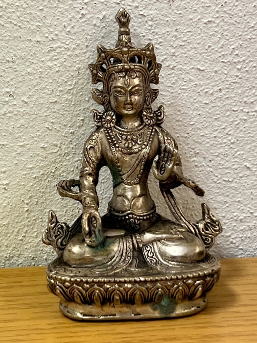 Kleine Bronze Statue - Weiße Tara - versilbert - Nepal - Brons (försilvrat) - Nepal