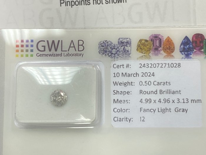 1 pcs 钻石 - 0.50 ct - 圆形 - Fancy light gray - I2 内含二级, NO RESERVE PRICE