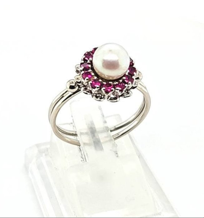 Ring - White gold Pearl - Ruby 