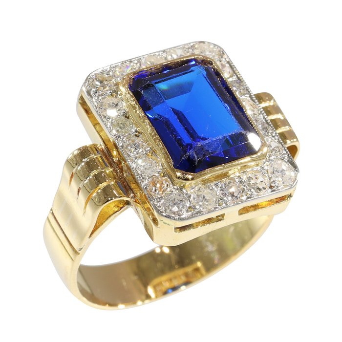 Vintage 1950's Fifties, 4.00 crt Sapphire, 0.60 crt Diamond Gyűrű - Sárga arany 