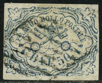 意大利古國－教宗國 1852 - 50 藍色 baj，已認證 - Sassone N. 10