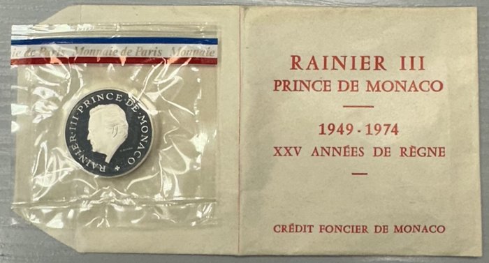 Monaco. 10 Francs 1974 Rainier III. Piéfort en argent, dans son étui plastique d'origine scellé