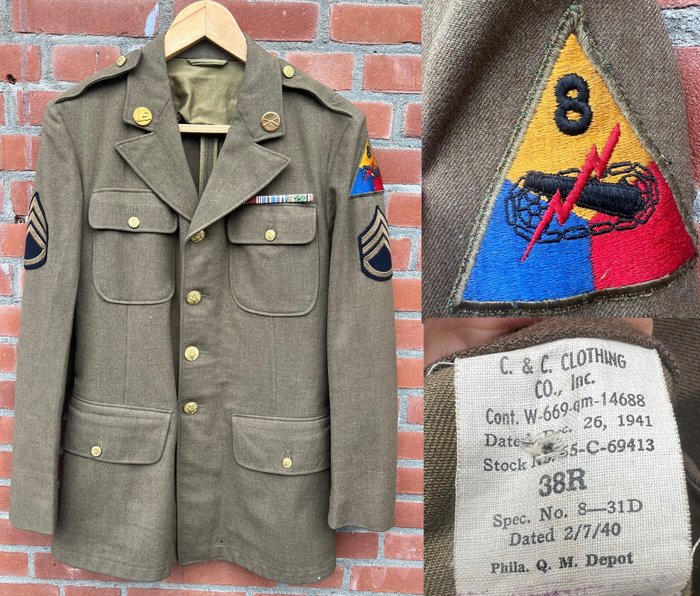 United States of America - WW2 US Army 8th Armored Class A Wool Jacket - Simpelveld / Roermond / Bulge / Belgium - Military uniform - Germany - With three European campaign stars - Named - Beautiful patina! - 1941