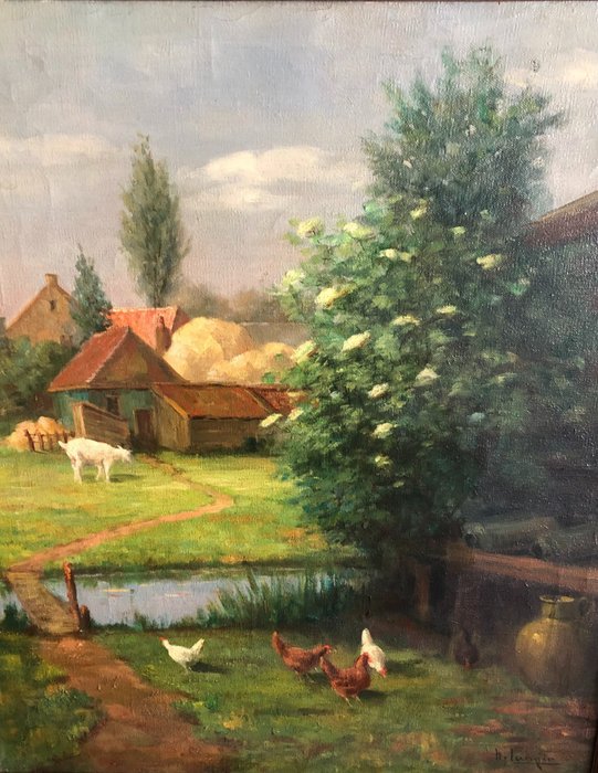 H. van Langen (1874-1964) - Boerenerf met geitje en kippen