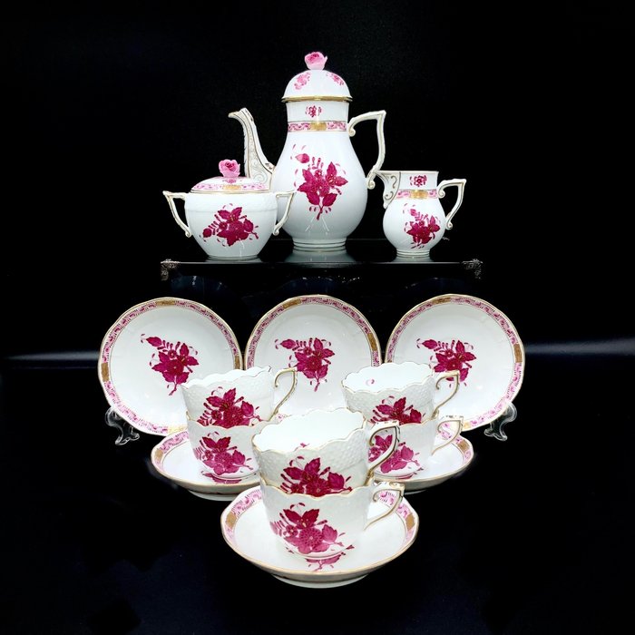 Herend - Coffee Set for 6 Persons (15 pcs) - "Chinese Bouquet Apponyi Pink" - Kahviastiasto - Käsinmaalattua posliinia