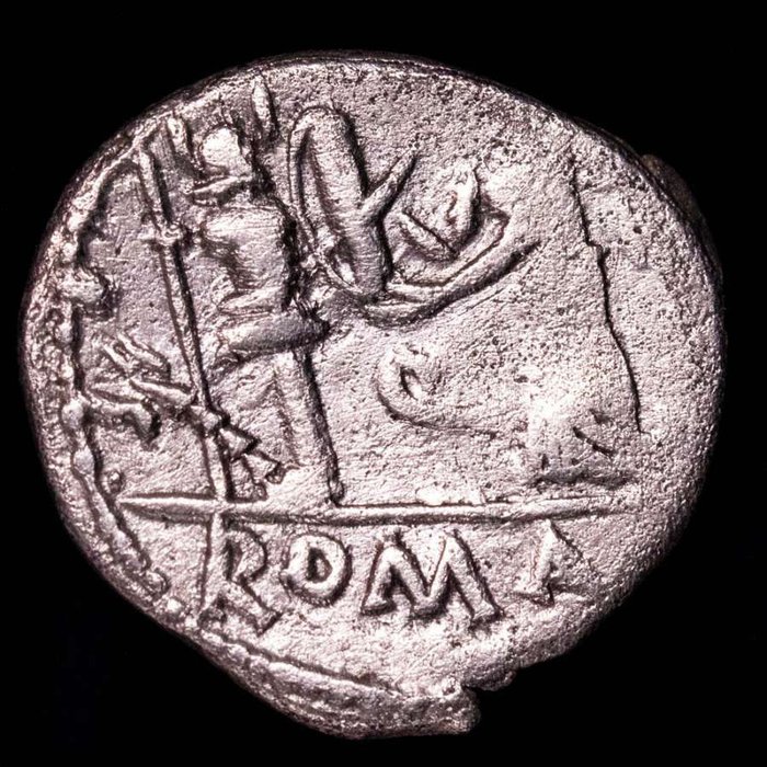 Roman Republic. C. Egnatuleius C.f.. Quinarius Rome, 97 BC,  Victory standing left, inscribing shield attached to trophy; in field, Q; in ex. ROMA.