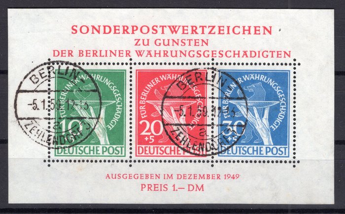 Berlin 1949 - Uszkodzony blok walutowy ze stemplem dziennym i błędem na płycie, nowy certyfikat - Michel Block 1 PF II