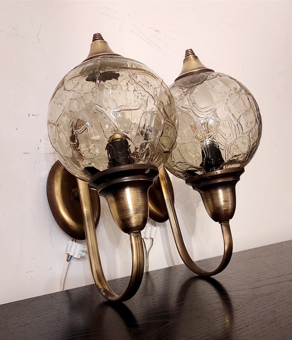 Wall sconce - Brass, Glass, pair of wall lights