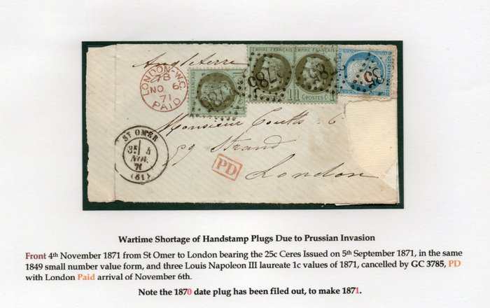 法国 1871 - 信件正面，战时伦敦圣奥马尔 1871 年 - YT 60 et 25