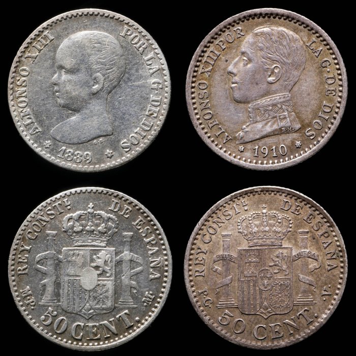 西班牙. Alfonso XIII (1886-1931). 50  Céntimos 1889*89 + 1910 *10. Lote de 2 monedas  (没有保留价)