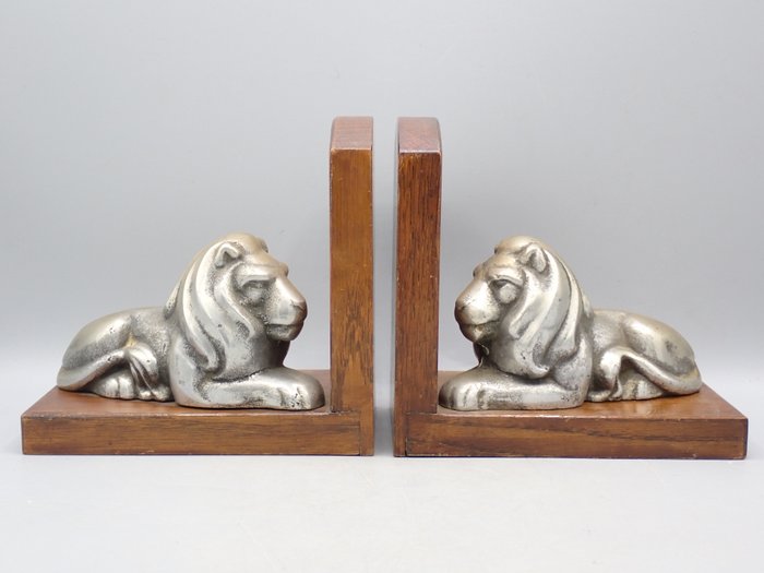 Fermalibri - Coppia di reggilibri con leone Art Déco - Metallo, Quercia