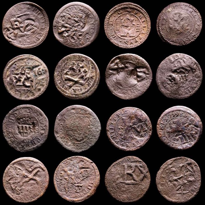 España. Felipe III (1598-1621). Maravedi 8 x 4 (IIII)  Maravedis acuñados en Segovia. Todas reselladas a IIII o VI Maravedis (Felipe IV).