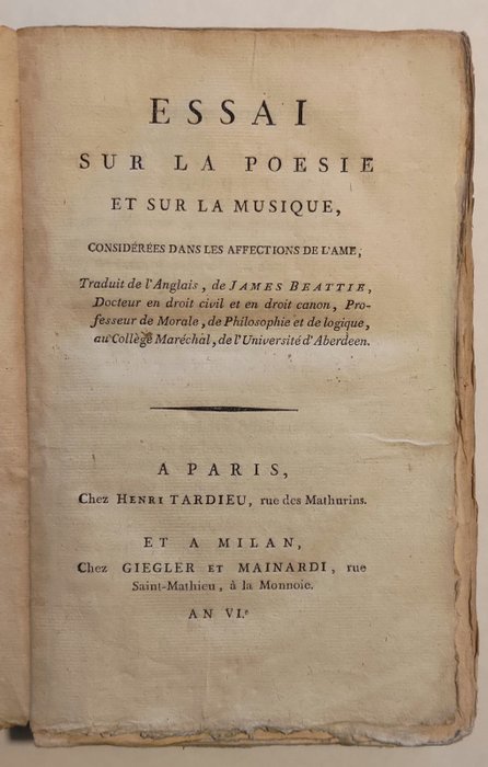 James Beattie - Essai sur la Poésie et sur la Musique, considérées dans les affections de l'Ame - 1797-1798