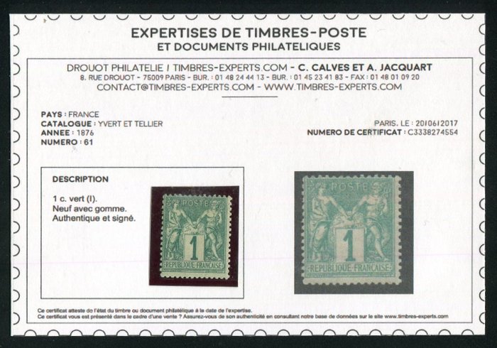 Francia 1876 - Superbe & Rare N° 83 Neuf * - Certificado Terneros