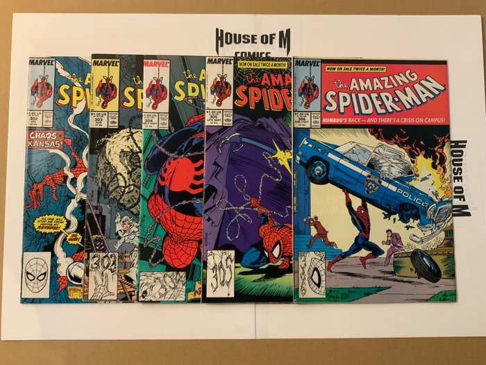 Amazing Spider-Man (1963) # 302, 303, 304, 305 &  306 Consecutive Run! Action Comics # 1 Homage cover! - Todd McFarlane Art and covers! - 5 Comic collection - Prima edizione - 1988