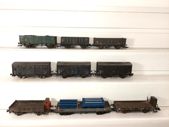Fleischmann, Jouef, Piko, Roco H0 - Train miniature (9) - 9x wagons de marchandises patinés - SNCF, SNCB, Nederlanden