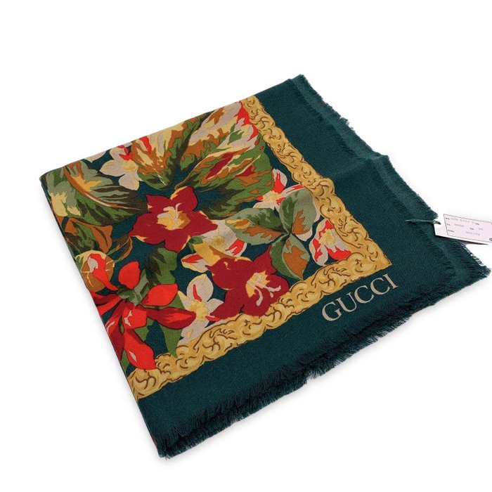 Gucci - Vintage Green Wool and Silk Large Shawl Maxi Scarf Floral - Szal