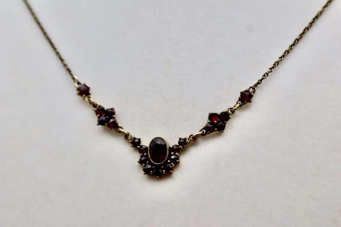 Ohne Mindestpreis - ca. 1900 Necklace old cut Bohemian Garnets Halskette - Gelbgold, Silber Granat 