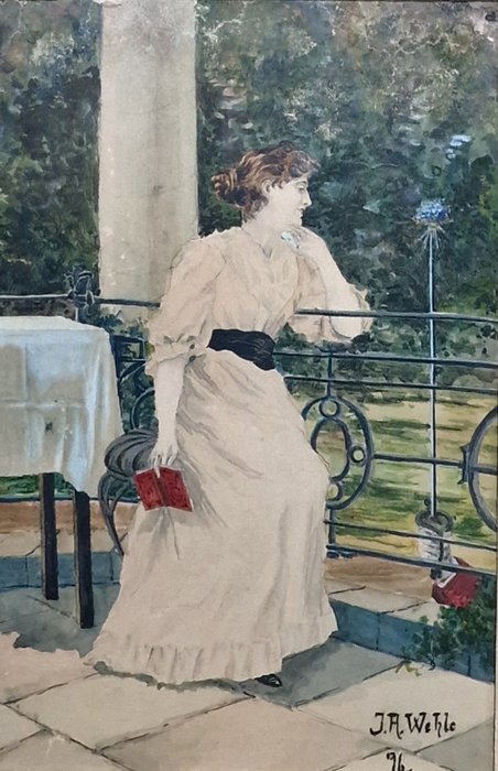 Johannes Raphael Wehle(1848-1946) - Donna in giardino
