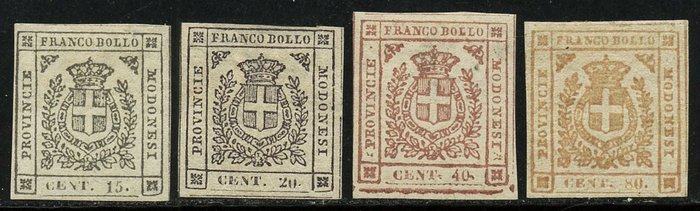 Antiguos Estados de Italia - Módena 1859 - Gobierno Provisional, 15, 20, 40 y 80 centavos. Excelentes márgenes - Sassone N. 14+16/18