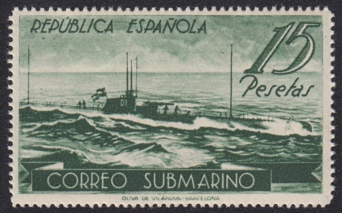 Spanien 1938 - Submarine Mail. 15 pesetas, grågrøn. - Edifil 780