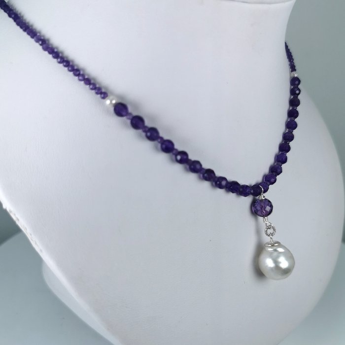 没有保留价 - Australian Southsea pearl BQ Ø 13,5x14 mm precious stones - 项链 银 珍珠 - 紫水晶 