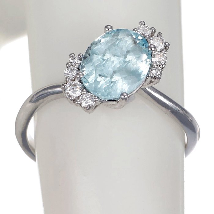 戒指 白金, 18克拉 钻石  (天然) - 海蓝宝石 