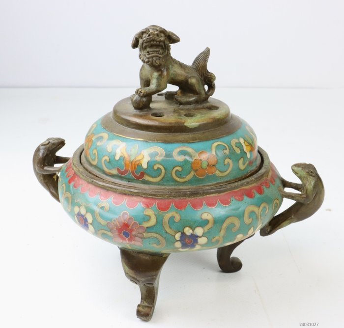 香爐 - Wierookbrander - Chinese bronzen cloisonne wierookbrander met floraal decor - brons cloisonne - 青銅景泰藍