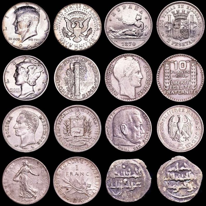 Monde. Conjunto de ocho (8) monedas de plata del mundo. Cuba, Venezuela, Francia, Estados Unidos, España, Peru, Portugal.