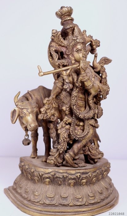 Zeer gedailleerd standbeeld Krishna met koe - Bronze - Nepal
