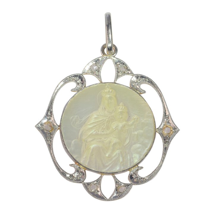 Ohne Mindestpreis - Art Deco/ Belle Époque anno 1910, Mother Mary and baby Jesus Anhänger - Gelbgold Perle - Diamant 