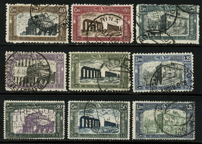 Italien 1928/1930 - De tre miliserna, 9 st frimärken med annullering