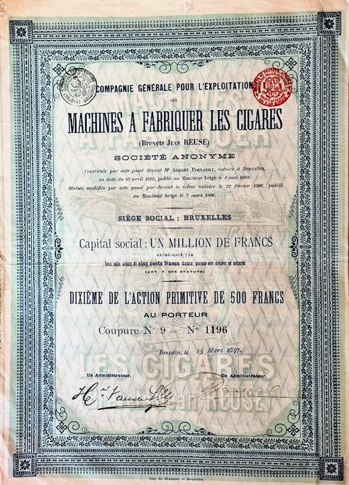 Kötvények vagy részvények kollekciója - Belgium - Ritka - Compagnie Générale pour l'Exploitation des Machines a Fabriquer les Cigars 1897 -