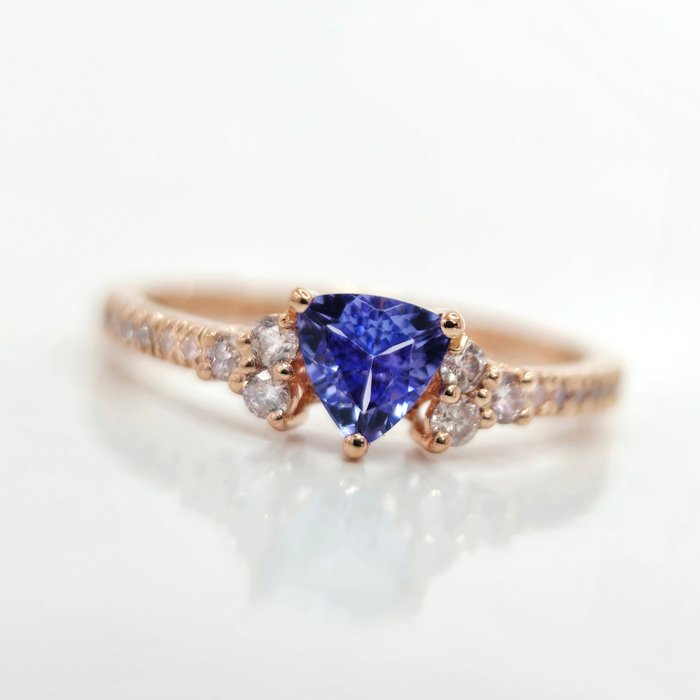 Ohne Mindestpreis - no reservev 14K Rose Gold 0.50 ct Blue Tanzanite & 0.26 ct  N.Fancy Pink Diamond Ring - Ring Roségold Tansanit 