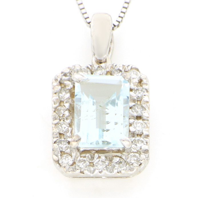 No Reserve Price Necklace - White gold, NEW  0.50ct. Emerald Aquamarine - Diamond 