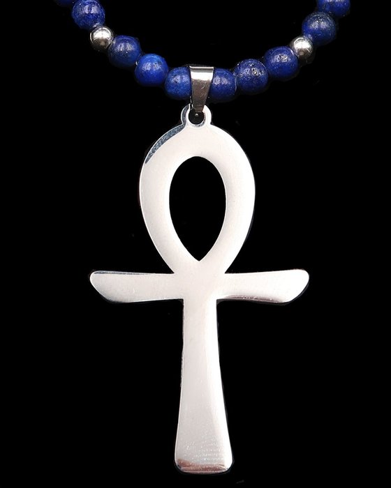 Lapis lazuli - Halskæde - Egyptian Cross of Life Ankh - Åndelig beskyttelse - 925 sølvlås og perler - Halskæde