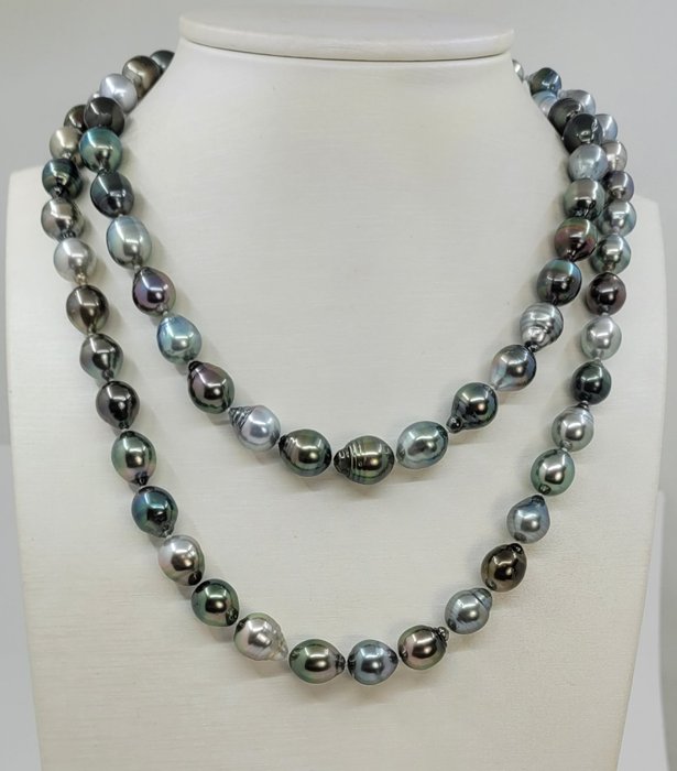 Halskette - ALGT-zertifizierte doppelte 2-reihige helle 8,2 x 10,5 mm große Multi-Tahiti-Perlen 